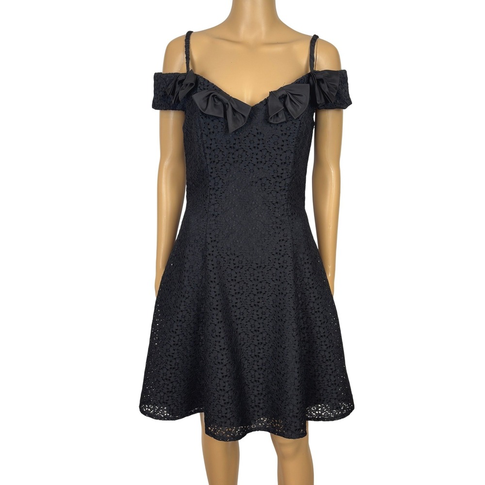 Vintage Zum Zum Lace Mini Dress size 11 Black 90s Cold Shoulder Bows Coquette